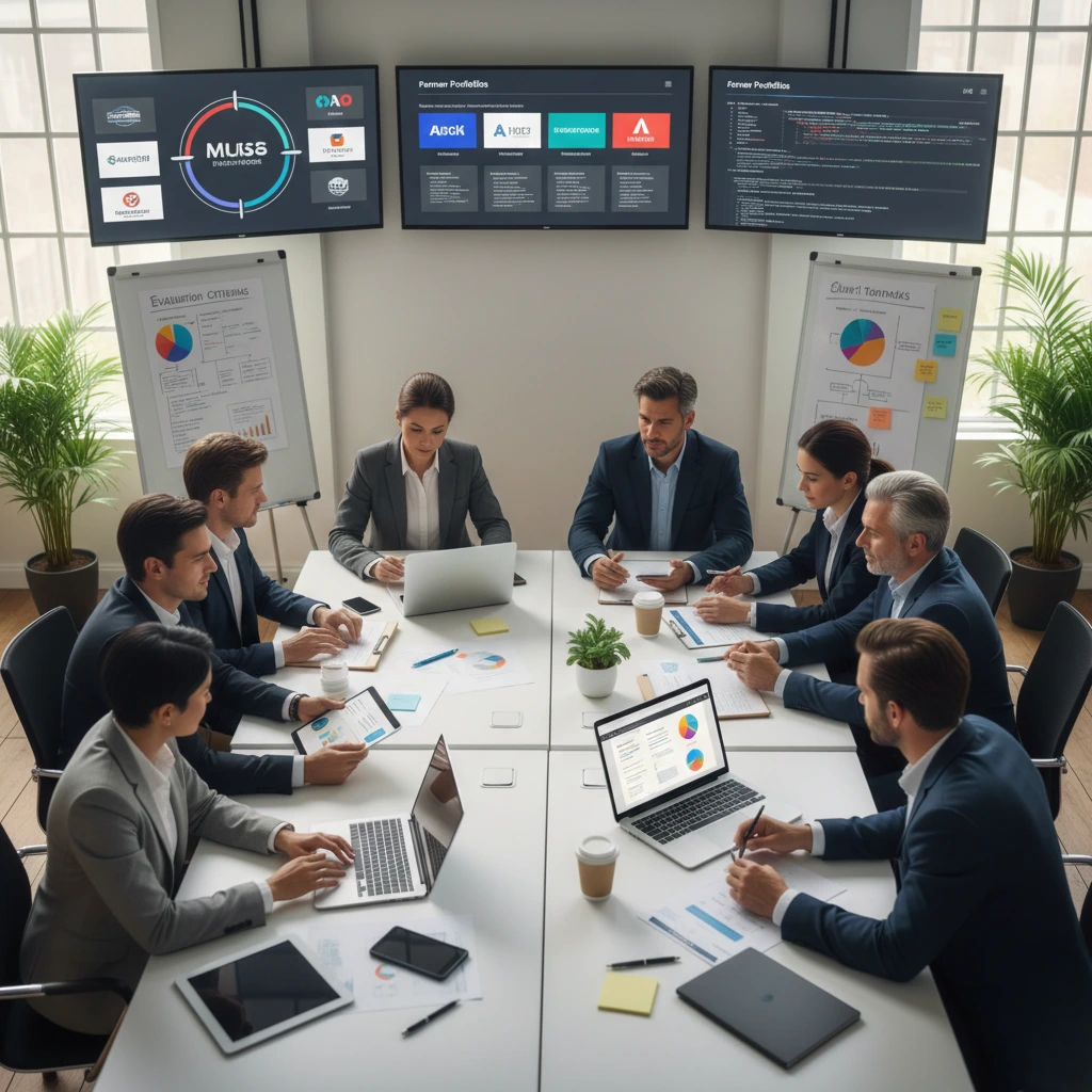 "Team reviewing software development portfolios and case studies to choose the right partner"