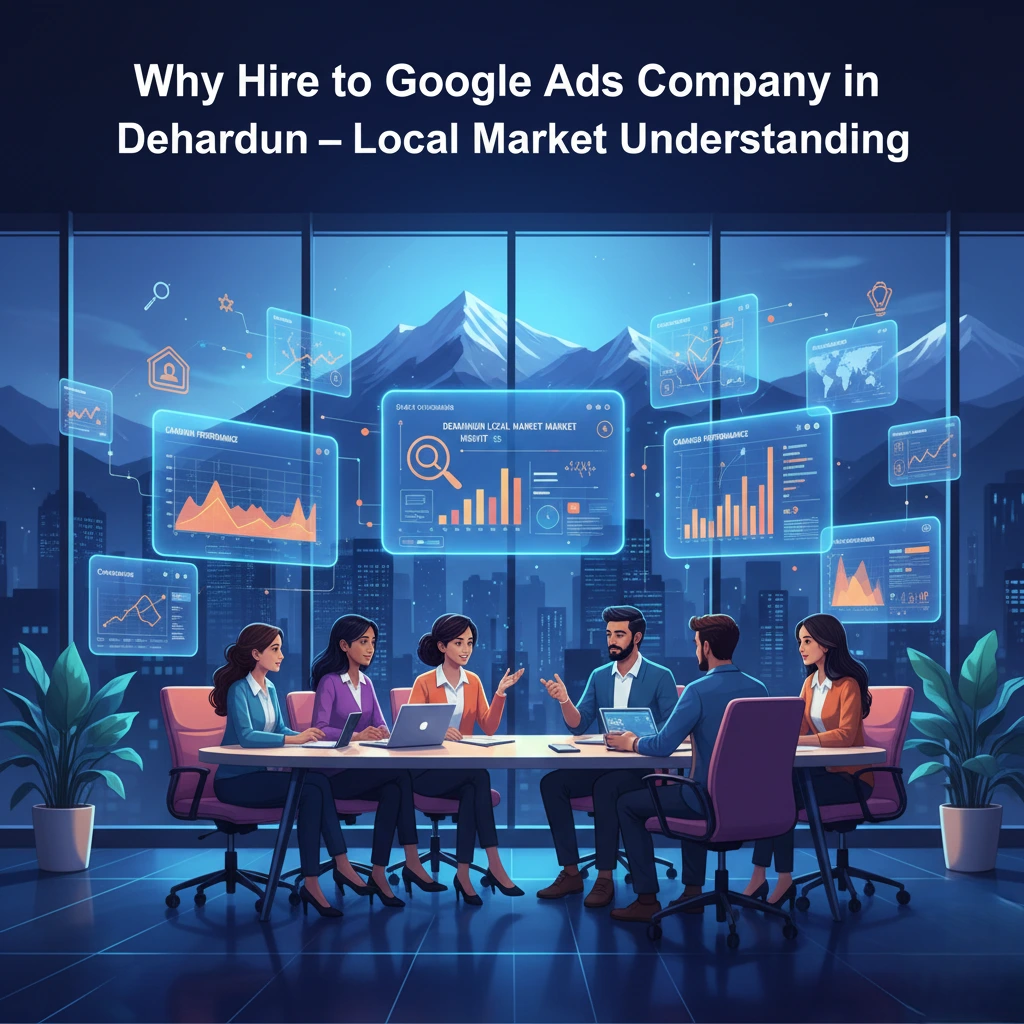 “Team of marketing experts analyzing Google Ads dashboards and local market trends in Dehradun.”