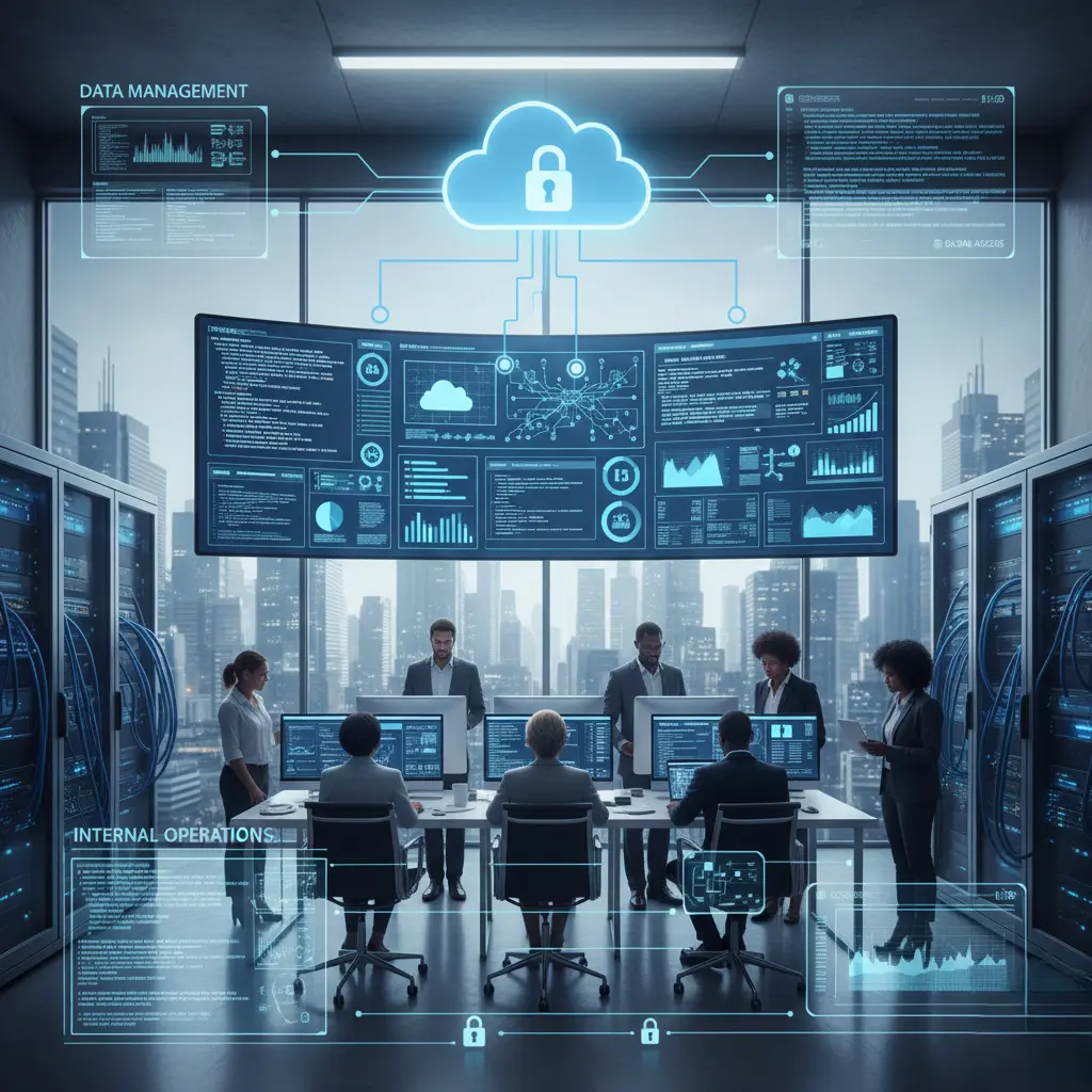 Enterprise web application dashboard with developers working on large-scale business software solutions