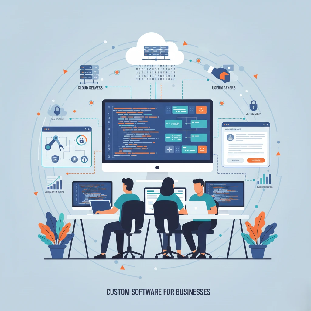 How Custom Software Works showing developers, software architecture, and secure data flow