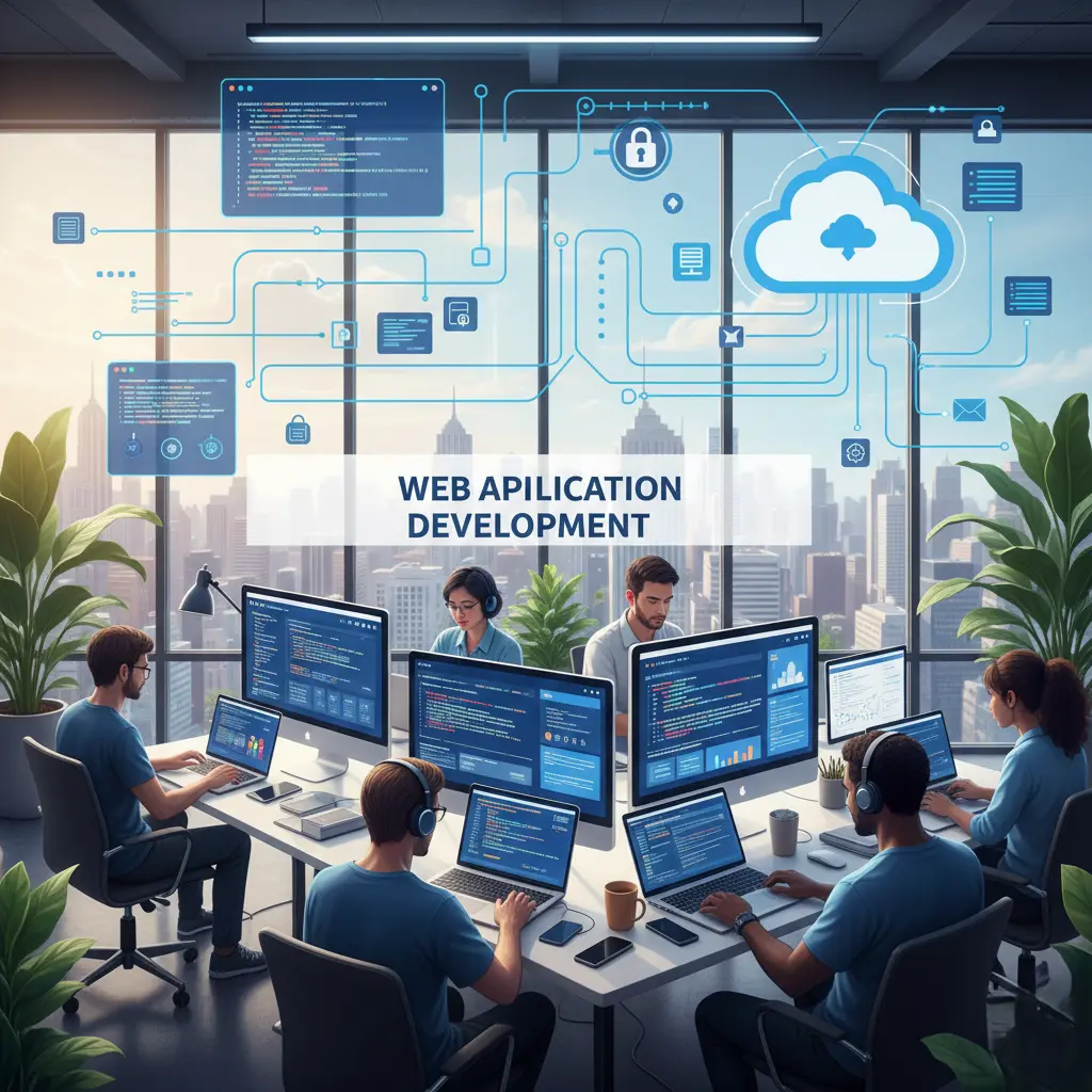 Developers working on web application development with frontend, backend, and cloud integration