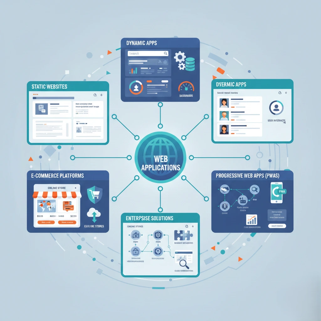 Illustration showing types of web applications for businesses including static, dynamic, e-commerce, enterprise, and progressive web apps