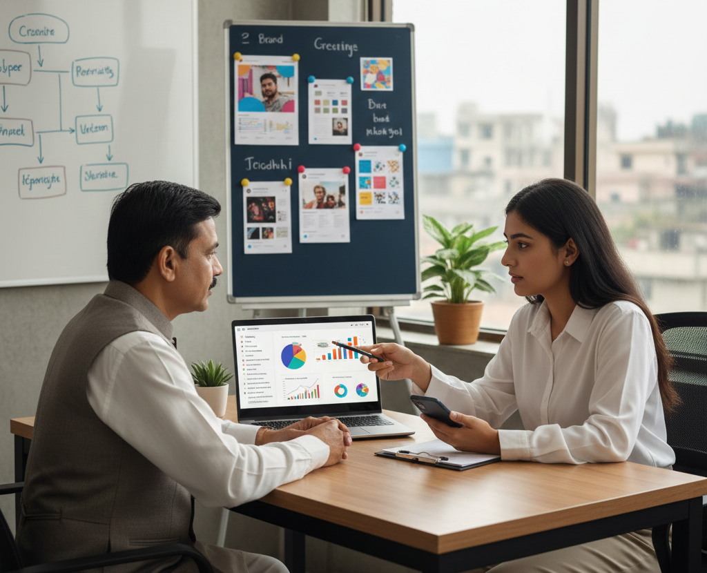 business owner collaborating with a social media marketing professional