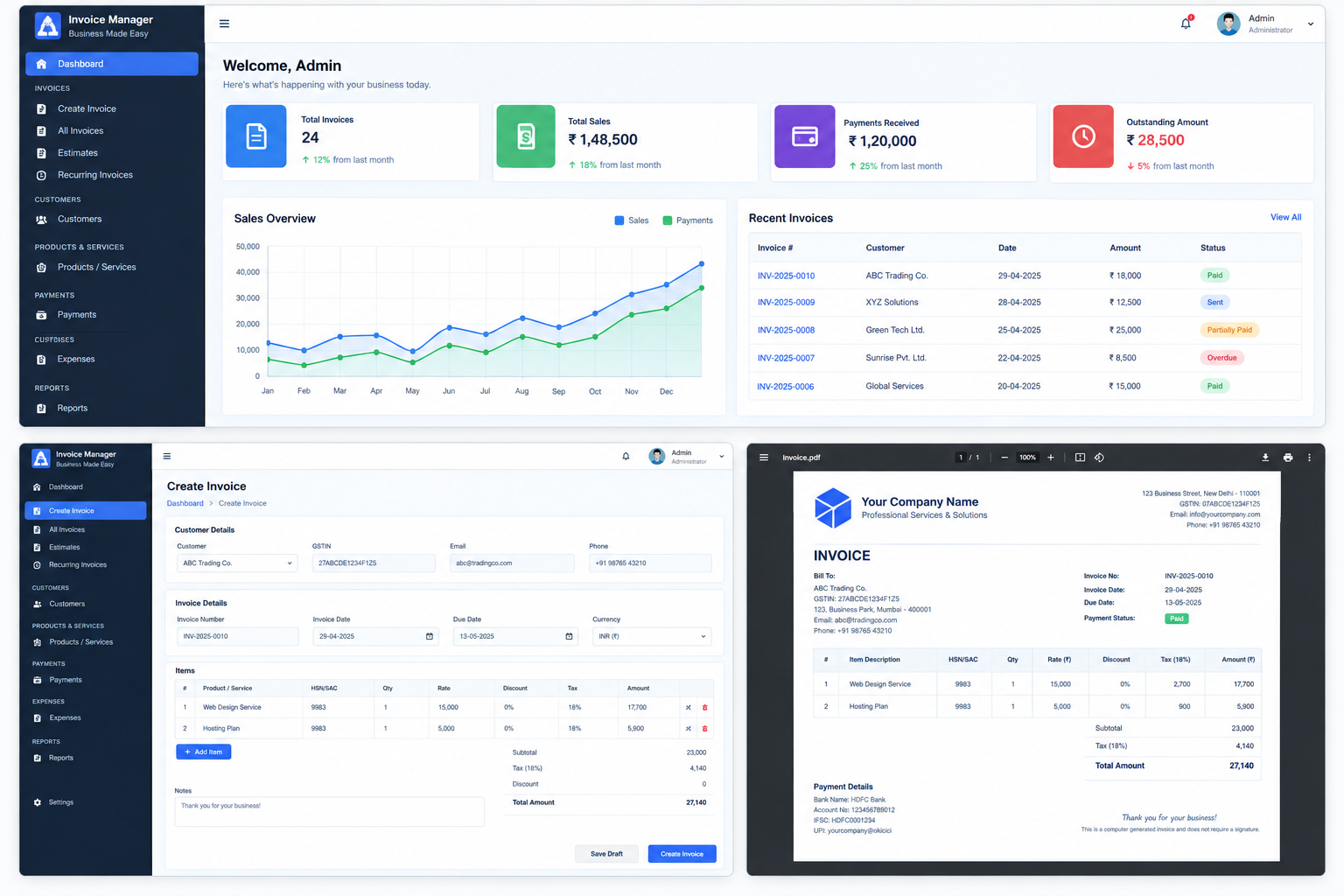 PHP MySQL Invoice Management System admin dashboard with sales, payments and create invoice features