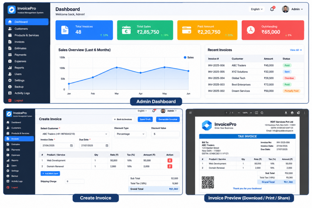 Invoice Management System dashboard, create invoice and PDF invoice preview in PHP and MySQL